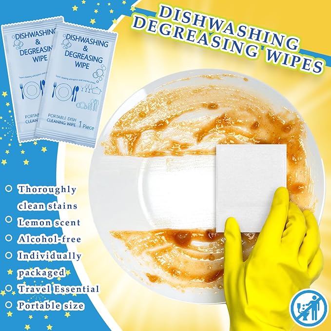 Tondiamo 300 Pcs Individually Wrapped Dish Cleaning Wipes Disposable Portable Travel Dish Soap Wipes with Lemon Scent for Kitchen Outdoor Camping Traveling Quick Clean