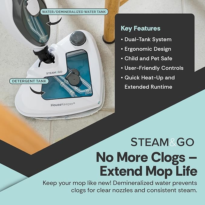 Steam and Go 10-in-1 Steam Mop - Multi-Functional Floor Steamer for Home Use w/Detergent Chamber, Detachable Handle & Handheld Steam Cleaner for Tile, Grout, Hardwood, Upholstery, Carpets & Furniture