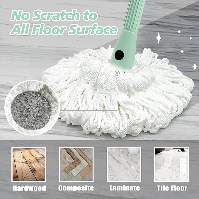 Self Wringing Twist Mop with 57.5 Inches Long Handle, Dry Wet Microfiber Floor Mop with 2 Reusable Heads for Cleaning Hardwood Tile Marble Vinyl Laminate Home Lobby Kitchen Office