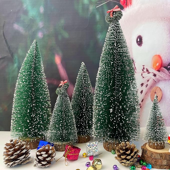 Artificial mini Bottle Brush Christmas Trees for Christmas Decoration Table top Christmas Tree with Base Indoor Christmas Decorations (4/6/8/10/12 inch)