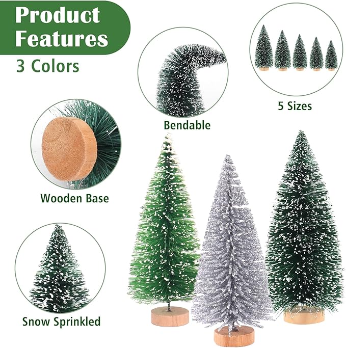 Mini Christmas Tree Christmas Decorations 30Pcs - Bottle Brush Christmas Trees with 5 Sizes, Miniature Pine Trees with Wooden Base for Christmas Party Home Table Craft Decor (Silver+Green+DarkGreen)