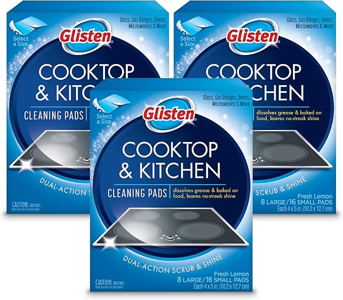 Glisten Cooktop and Kitchen Cleaning Pads for Glass, Gas Ranges, Ovens, Microwaves, and More, Dissolves Grease and Baked on Foods, Lemon Scent, 24 Large Pads or 48 Small Pads