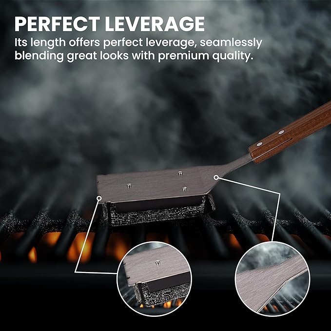 Grill Scrubber and Scraper for Barbecue with Replaceable Scrubber Head – Grill Cleaner for Outdoor Grill with Extended 16” Large Wooden Handle -No Scratch on Grill by Dhampooh