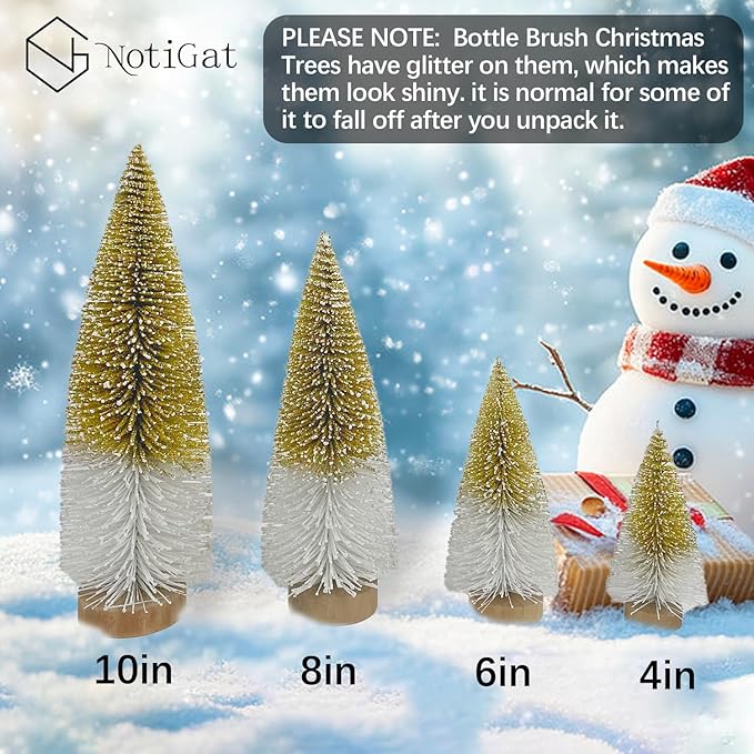 Mini Christmas Tree Bottle Brush Christmas Trees Decor for Christmas Decorations Wooden Bases (Gold and White)