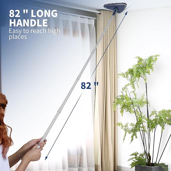 BOOMJOY Wall Cleaner Mop with 82 Inches Long Handle, Baseboard Cleaner Tool Duster with Squeegee, Ceiling Cleaning Tool with 6 Replacement Pads for Painted Walls, Window, Floor - Blue