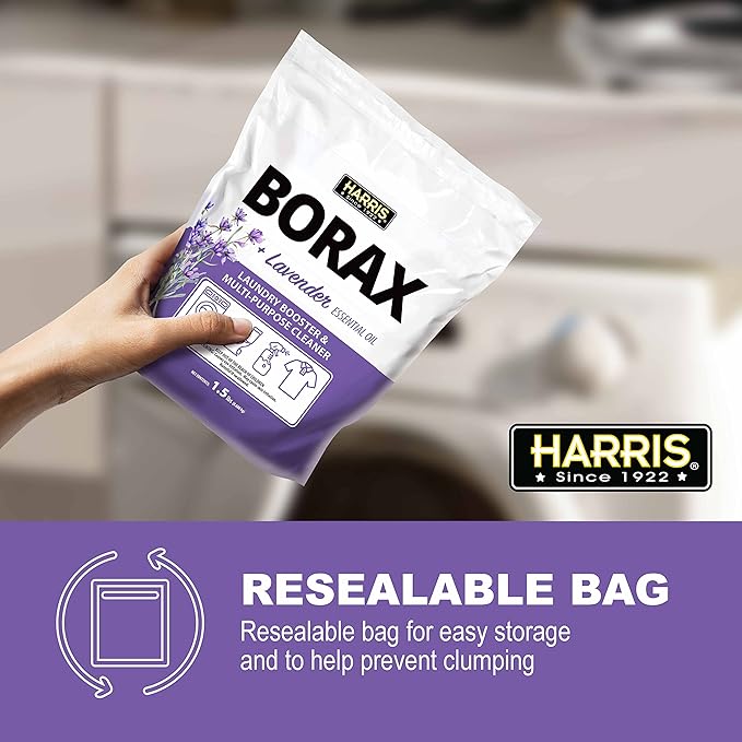 Harris Borax Powder Hard Water Laundry Booster and Multi-Purpose Cleaner, 1.5lb, Pure Essential Oils, No Artificial Fragrance (Lavender)