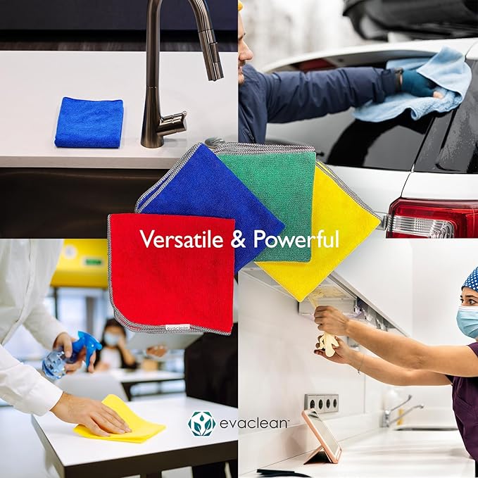 EvaClean Premium Microfiber Cleaning Cloth 16"x16" - Reusable, Washable, Non-Scratch, Microfiber Towels for Cleaning, Dusting, Polishing, High Absorbency & Durability, 4 Colors, 24-Pack