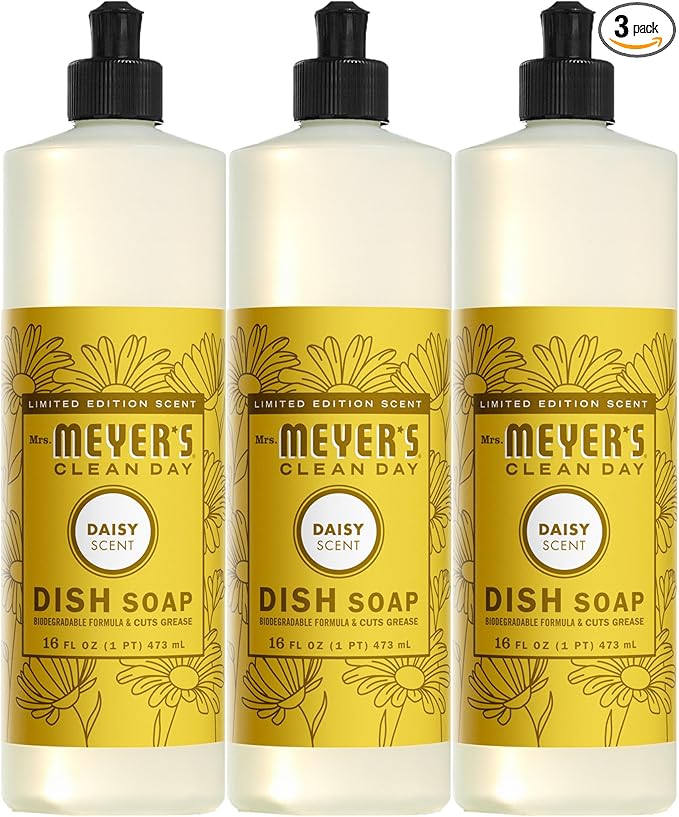 MRS. MEYER'S CLEAN DAY Liquid Dish Soap, Daisy Scent, 16 Ounce Bottle (Pack of 3)