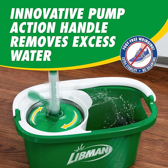Libman Tornado Spin Mop System - Mop and Bucket with Wringer Set for Floor Cleaning - 2 Total Mop Heads Included, Green