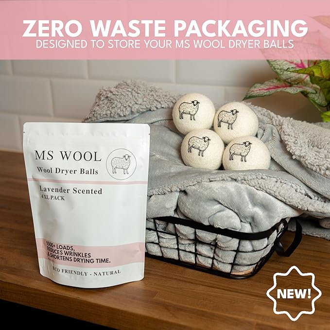 Lavender Scented Wool Dryer Balls – 4 XL Pack – Natural Fabric Softener, Reusable, Reduces Static, Reduces Wrinkles & Shortens Drying Time, Made W/Essential Oil, 100% Pure Wool