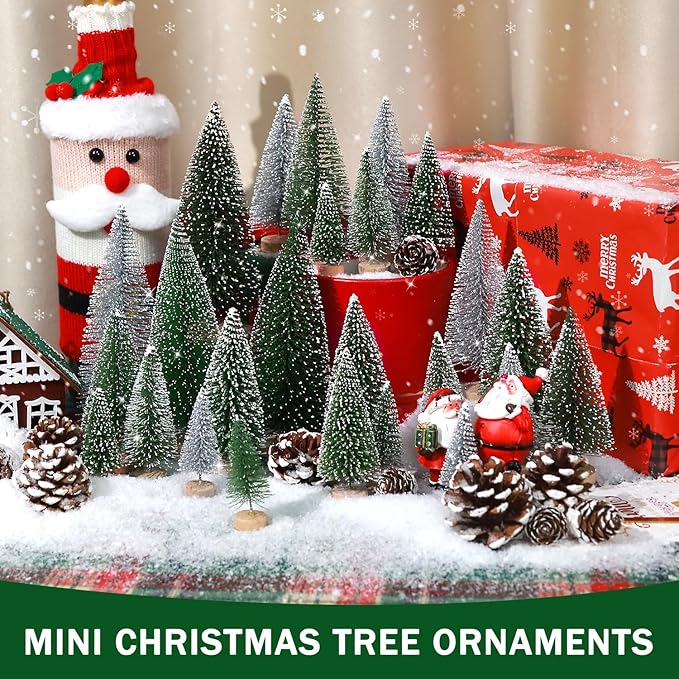 Set of 35PCS Mini Christmas Tree, Christmas Pine Cones, 2oz Fake Snow Powder, Mixed Christmas Decoration, Xmas Village Displays Winter DIY Crafts (Classic Green)