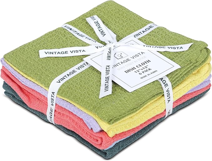 100% Cotton Waffle Dish Cloths (Pack of 6) - Dish Rags for Washing Dishes - Reusable & Highly Absorbent Kitchen Towels - Multipurpose Kitchen Rags - (12" x 12" - Multicolor I)