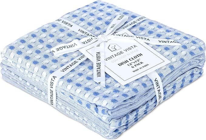 100% Cotton Dish Cloths (Pack of 6) - Dish Rags for Washing Dishes - Reusable & Highly Absorbent Kitchen Towels - Multipurpose Kitchen Rags - (12" x 12" - Blue Honeycomb)
