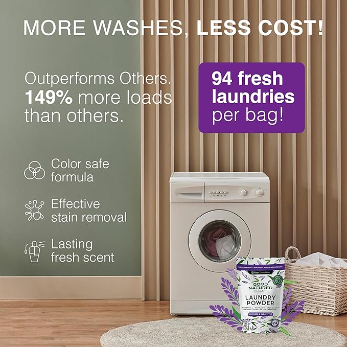 Good Natured Brand | Natural Laundry Detergent Powder | Washing Soda for Laundry | Tough Stain Remover | Hypoallergenic, Safe for Sensitive Skin | Eco-friendly | Lavender & Eucalyptus | 47oz 94 Loads