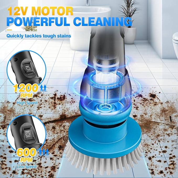 1200RPM Electric Scrubber with 12V Battery, 49 Inch Handle, 8 Brush Heads, Ideal for Arthritis, Cleans Bath/Shower/Tub/Floor