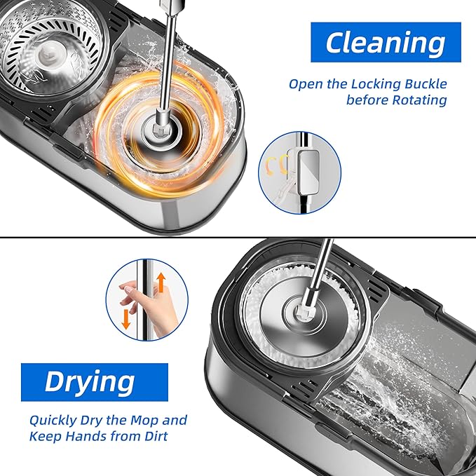 EasyWring Microfiber Spin Mop with Wringer Set, 360° Spining Mop and Bucket Set for Cleaning with Extra Refills, Trueclean Mop Bucket System (Silver)