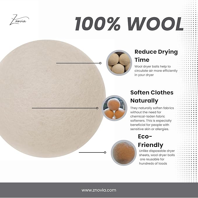 Premium, Wool, Dryer Balls, Laundry, Natural, Organic, Reusable, Minimizes Wrinkles,Shortens Drying Time,Eco Friendly, Fabric,Alternative to, Dryer Sheet, Liquid Softeners,Plastic Balls, Pack of 6.