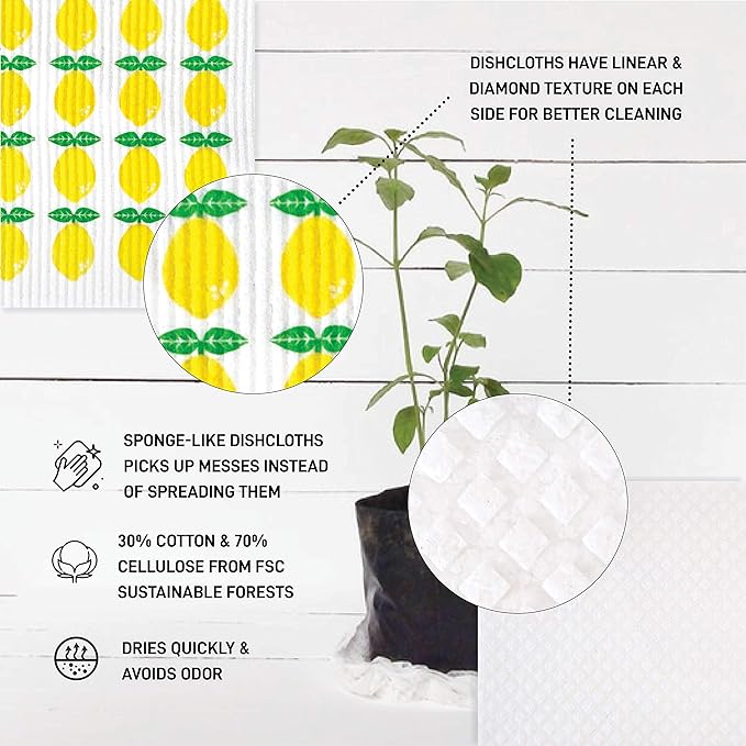 Nordhus Design Lemon Swedish Dishcloths, 5-Pack, Made in Sweden, Reusable, Decorative Cellulose Cotton Kitchen Cloths - Replace Paper Towels, Sponges, Wipes and Dish Rags