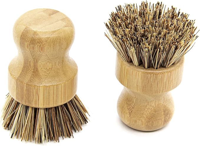 AUEAR, Natural Bamboo Dish Scrub Brush Cleaning Pot Scrubber Brushes Coconut Bristles for Cast Iron Skillet Pots Pans (2-Pack, Deep Color)