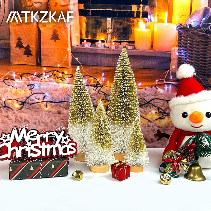 Mini Christmas Trees Bottle Brush Christmas Trees for Christmas Decorations Multicolor Table Top Gradient Christmas Tree with Wooden Base (Gold+White)