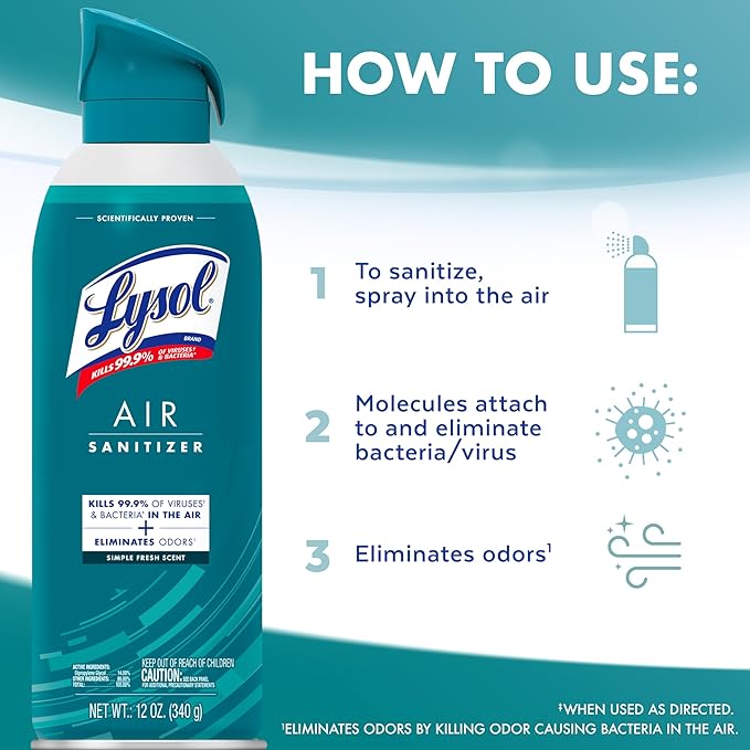 Lysol Air Sanitizer Spray + Odor Eliminator for Home & Office, Sanitizing Air Spray, Simple Fresh Scent, 10 oz (Pack of 3)