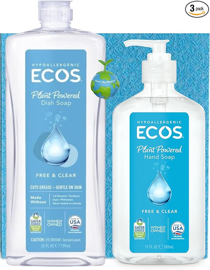 ECOS Non Toxic Dish Soap/Baby Dish Soap/Non Toxic Hand Soap/Biodegradeable Washable Cleaning Sponge/FREE Save the Planet Sticker