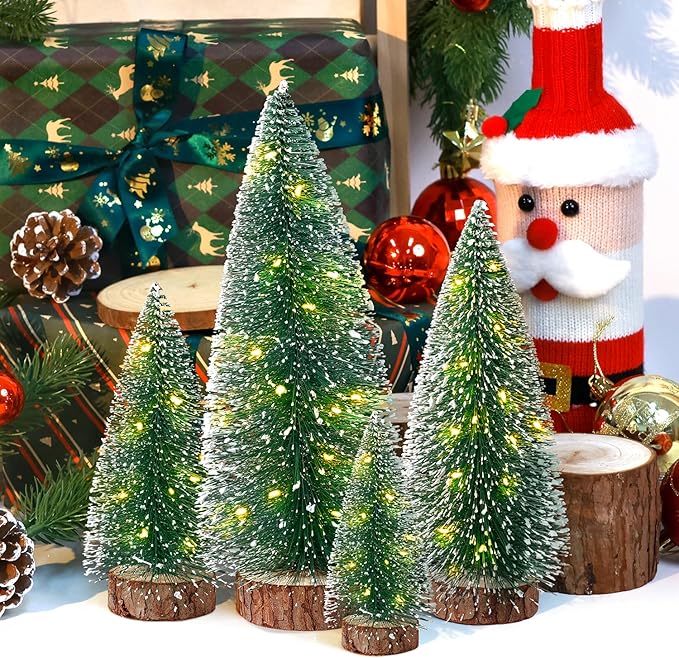 4pcs Mini Christmas Trees Christmas Decor, Artificial Christmas Mini Bottle Brush Trees Tabletop, Christmas Decoration Trees with 4 Size Xmas Holiday Decor (4pcs Green Tree with Lights)