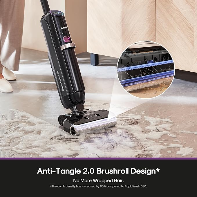 Eureka Cordless Wet Dry Vacuum Cleaner and Mop,170° Reclinable,185°F Hot Air Self-Cleaning Vacuum,Long Run Time,Great for Hard Floors Pet Hair Sticky Messes,RapidWash 730, Purple
