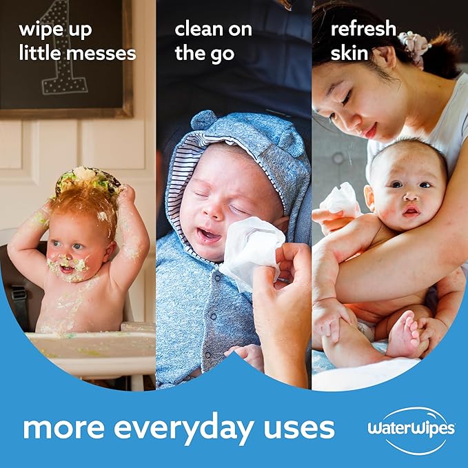 WaterWipes Plastic-Free Original Baby Wipes, 99.9% Water Based Wipes, Unscented & Hypoallergenic for Sensitive Skin, 300 Count (5 packs)