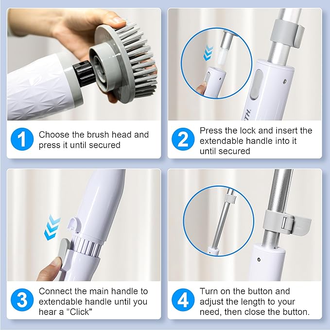 Electric Spin Scrubber, Cordless Cleaning Brush with Long Handle & 8 Brush Heads IPX7 Waterproof Bathroom Scrubber for Tub Grout Tile Floor, TBL03