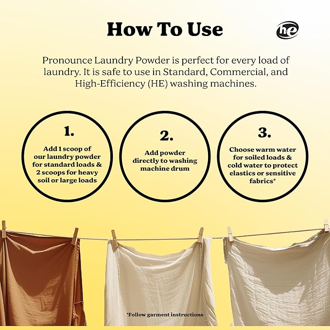 Pronounce Laundry Detergent Powder Alternative | Earth-Derived Ingredients, Eco-Friendly, Safer for Sensitive Skin, Eczema, and Babies. Stain + Smell Fighting. HE Safe (Lemon, 120 Loads).