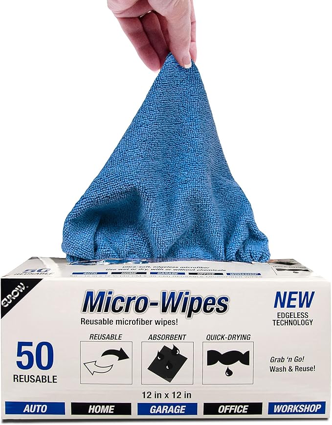 Eurow Reusable Microfiber Cleaning and Drying Wipes with Dispenser Box, 200GSM, 12 by 12 Inches, Pack of 50 - Blue