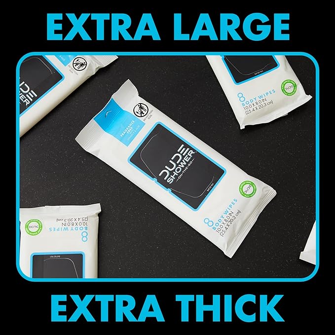 DUDE Wipes - On-The-Go Shower Wipes - 1 Pack, 8 Wipes - Unscented Extra-Large Wipes - Vitamin E & Aloe - Full Body Shower Replacement Wipes
