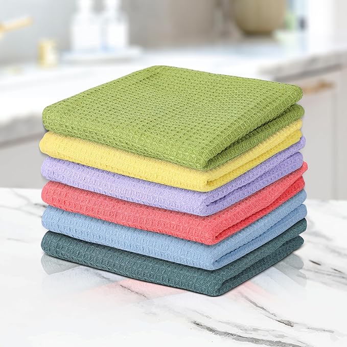 100% Cotton Waffle Dish Cloths (Pack of 6) - Dish Rags for Washing Dishes - Reusable & Highly Absorbent Kitchen Towels - Multipurpose Kitchen Rags - (12" x 12" - Multicolor I)