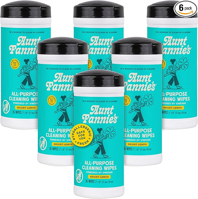 Aunt Fannie's Natural Cleaning Vinegar Wipes, Multipurpose Surface Cleaner, Bright Lemon Scent, 35 Count (Pack of 6)