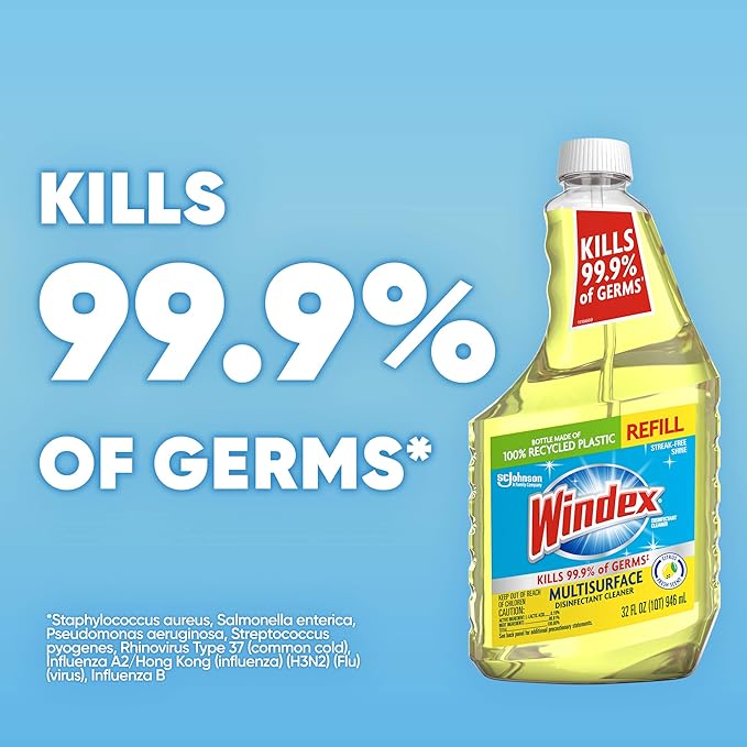 Windex Refill Multipurpose Cleaner Disinfectant Spray, Bottle Made from 100% Recycled Plastic, Surface Cleaning Spray, Citrus Fresh Scent, 32 Fl Oz
