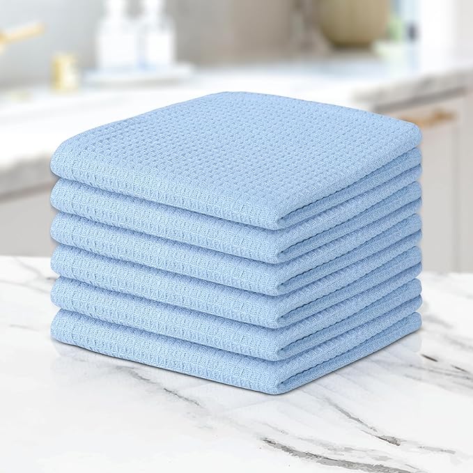 100% Cotton Waffle Dish Cloths (Pack of 6) - Dish Rags for Washing Dishes - Reusable & Highly Absorbent Kitchen Towels - Multipurpose Kitchen Rags - (12" x 12" - Light Blue)