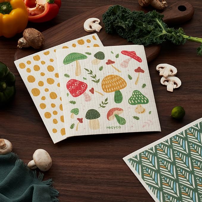 RECYCO Reusable Dish Cloth 12 Pack Swedish Dish Clothes for Kitchen Counter Cotton Cellulose Absorbent Machine Washable Plant Based Okeo Tex Standard 100 Sponge Wipes Women Owned (Mushroom)