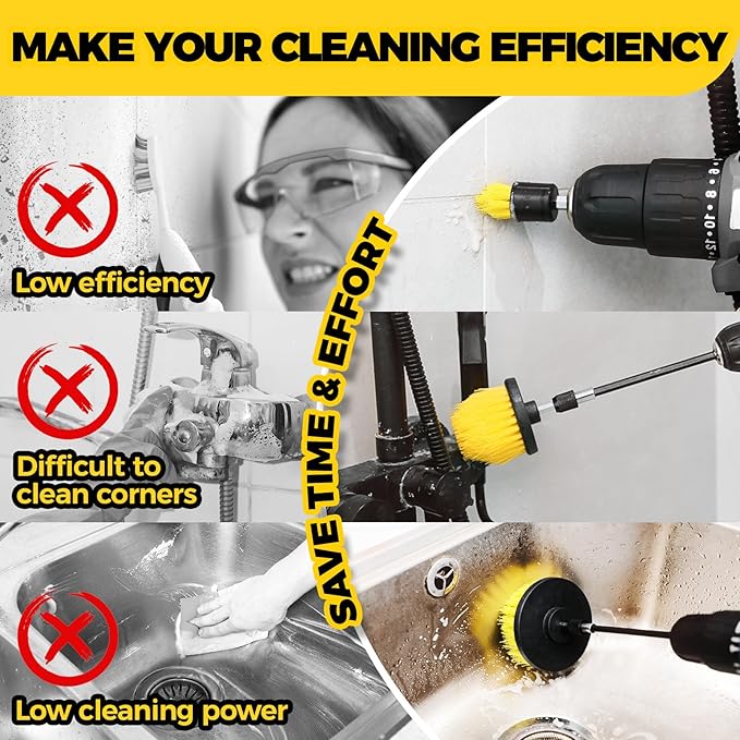 Holikme 8 Piece Drill Brush Attachments Set, Power Scrubber Brush with Extend Long Attachment,Cleaning Supplies,Scrub,Shower Scrubber,Bathtub, Bathroom, Kitchen(Black)