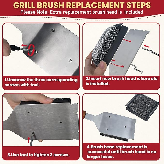 Grill Brush BBQ Cleaner Brush - Barbecue Brush for Outdoor Grill with 1 PCS Replacement Cleaning Head, Grill Cleaning Brush Bristle Free with Stainless Steel Scraper & Wooden Handle for Most Grate