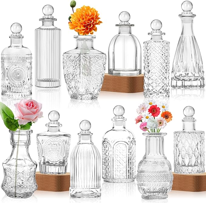 Glass Vase Bud Vases in Bulk Set of 12 Small Vases for Flowers,Embossed Clear Flower Vase,Vintage Glass Bottle Great for Table Decor,Wedding Centerpiece Table and as a Gifts