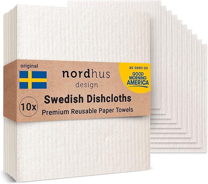 Nordhus Design Swedish Dishcloths, White 10-Pack, Reusable, Washable Cellulose Cotton Kitchen Cloths - Replace Paper Towels, Wipes, Sponges, Dish Rags
