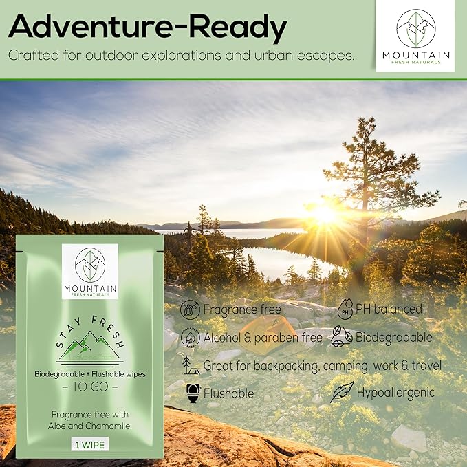 STAY FRESH (60 Flushable Wipes to-Go) - PH Balanced, Travel sized, Unscented with Aloe, Chamomile and Rose extract.