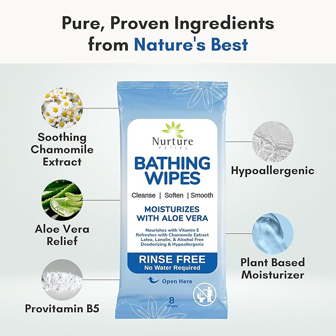 Nurture Rinse Free Bathing Wipes for Adults w/Aloe | Waterless Cleansing for sensitive skin | Disposable Adult Body Bath Wet Wipe for Disabled Bedridden | 64 wipes