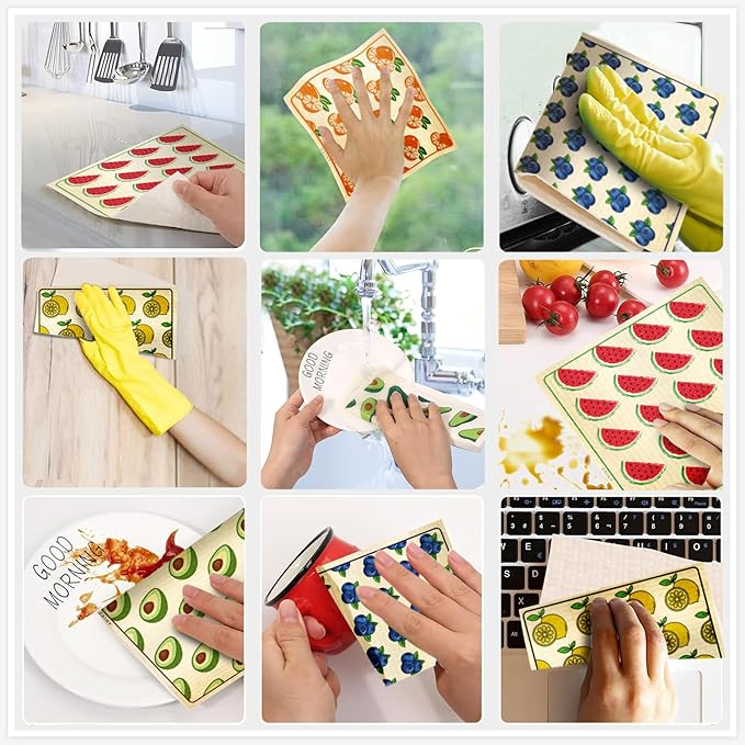ZAINY 10 Swedish Dishcloths for Kitchen, Gifts for Mom and Mothers, Swedish Dish Cloths Reusable Paper Towels Washable, Cellulose Sponge Cloth & Cleaning Towel for Washing Dishes, Washcloths - Fruits