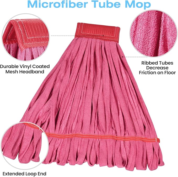 Matthew Cleaning Large Microfiber Tube Mop Heavy Duty Mop Head Replacement,Excellent Absorbency,Premium launderability,Reusable,Loop end for Home,Commercial and Industrial Use-Red 3Pack