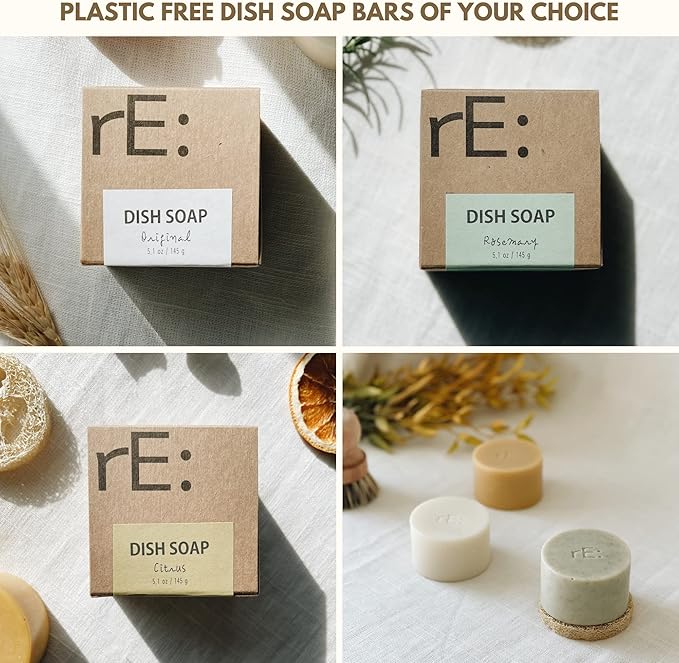 RE: Dish Washing Soap Bars Value Pack (Loofah holder sponge included) - palm oil free, eco friendly, zero waste, plastic free, free of artificial dyes and fragrance (Citrus)