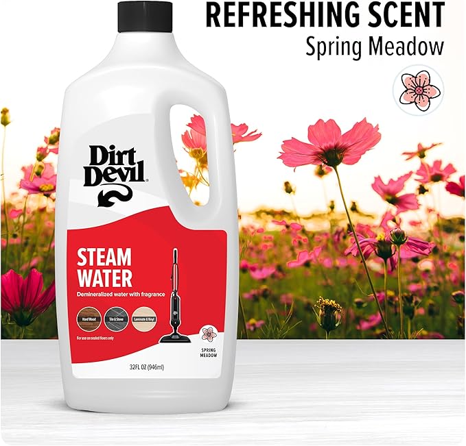 Dirt Devil Steam Water Hard Floor Cleaner, 32 oz., Spring Meadow Scent, Natural Hard Floor Demineralized Water Cleaner, For Use on Sealed Hard Floors, Pair with Dirt Devil Steam Mop