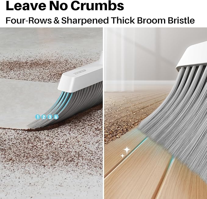 JOYMOOP Broom and Dustpan Set, Upright Standing Brooms for Sweeping Indoor, Light Weight Stainless Steel can be Hung on The Wall, Suitable for Pet Hair, Carpet, Floor