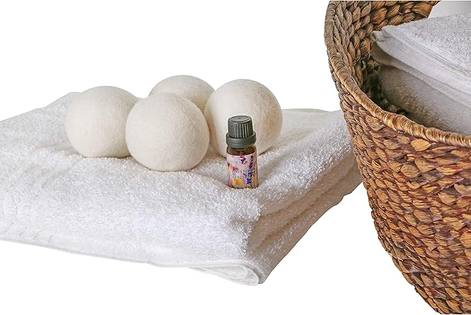 Laura Ashley 4 Pack Reusable Wool Dryer Balls and Lavender Essential Oil Kit to Soften Clothes in Dryer and Reduce Wrinkles and Static